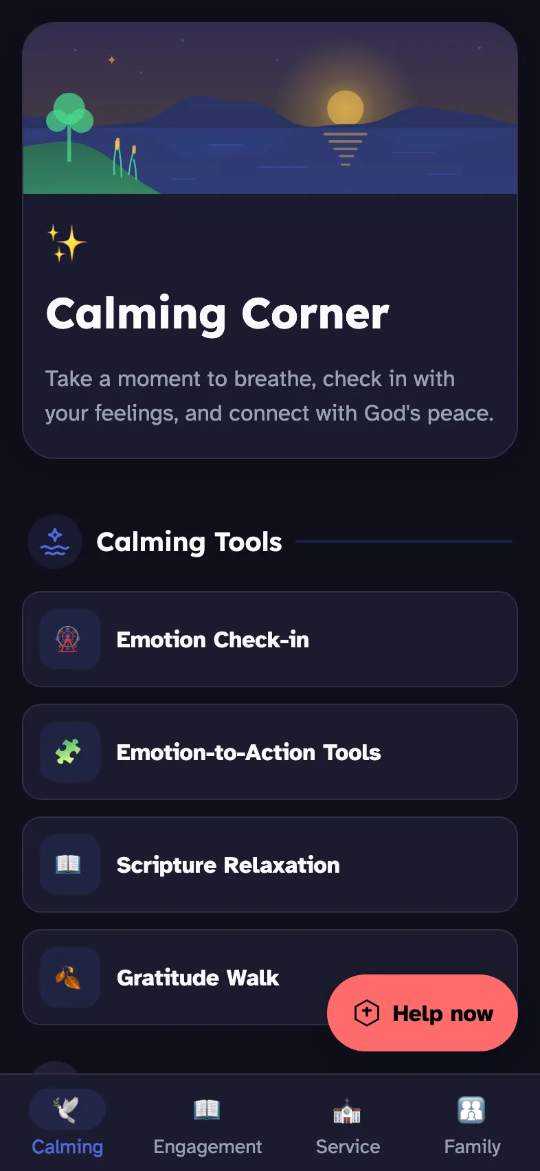 Calming Corner in dark mode.