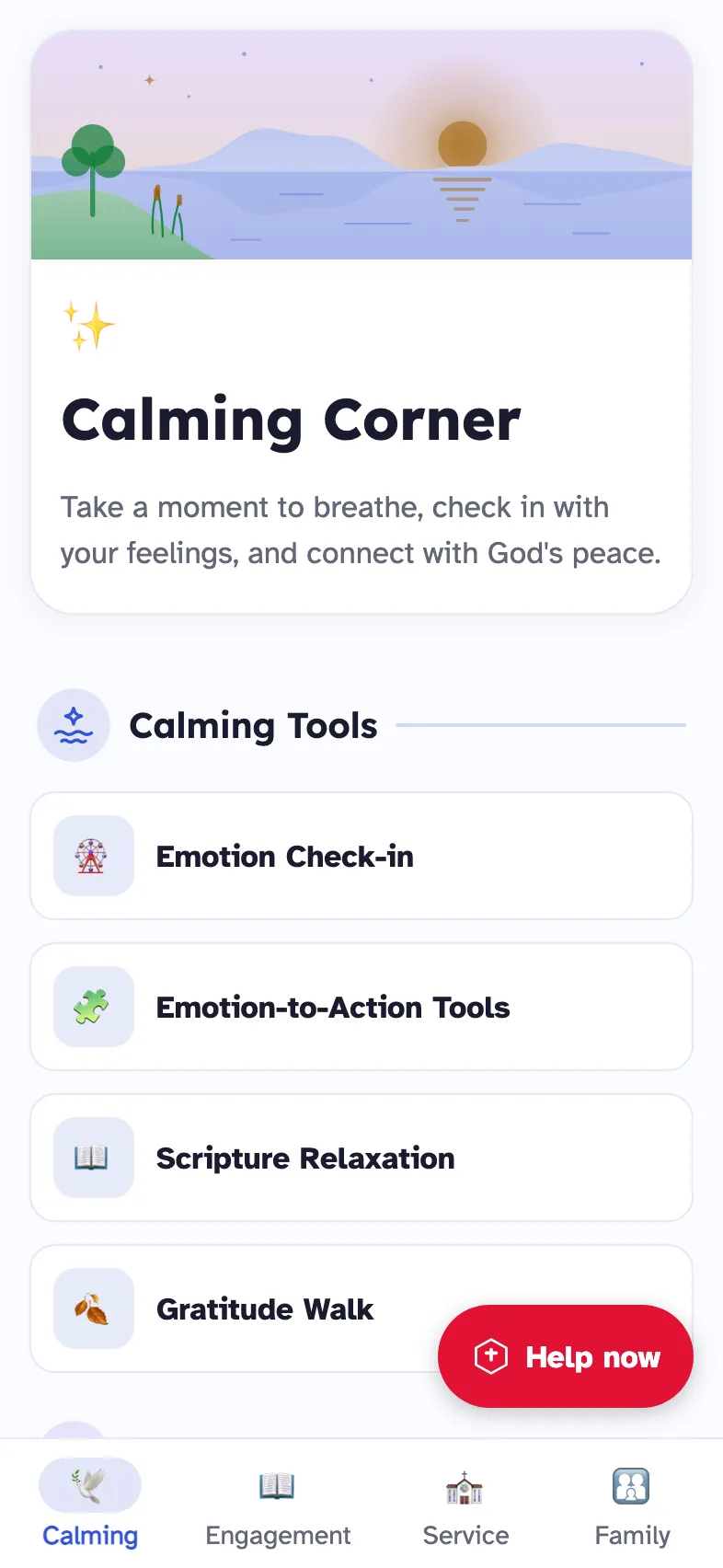 Calming Corner on a folded Android phone, with the tabs along the bottom.