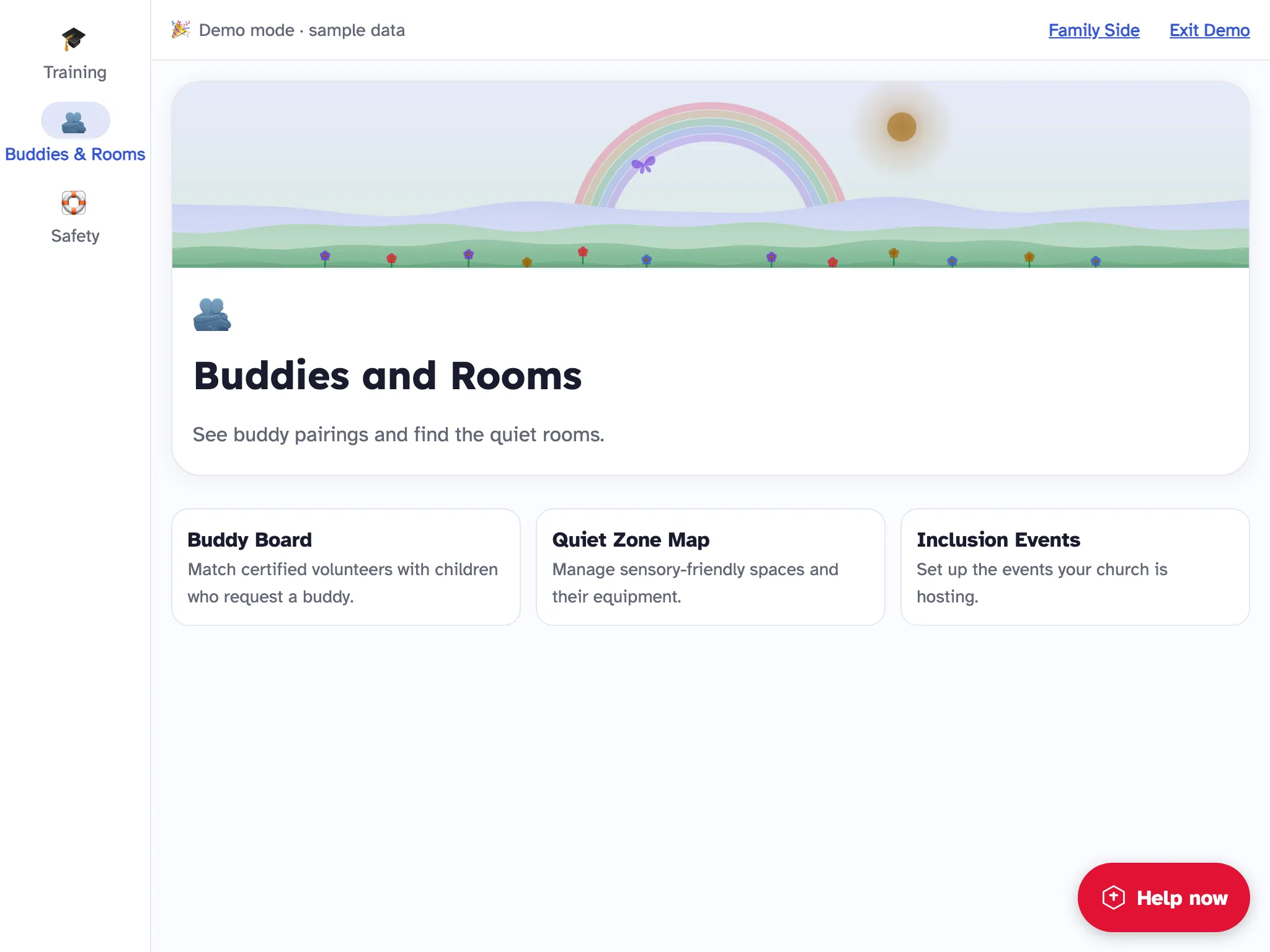 The Church Side on an iPad, Buddies and Rooms tab: Buddy Board, Quiet Zone Map and Inclusion Events.
