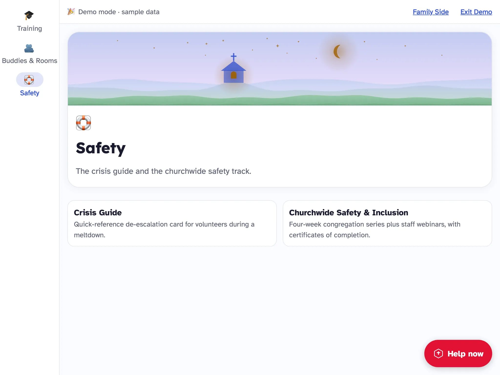 The Church Side on an iPad, Safety tab: Crisis Guide and Churchwide Safety and Inclusion.
