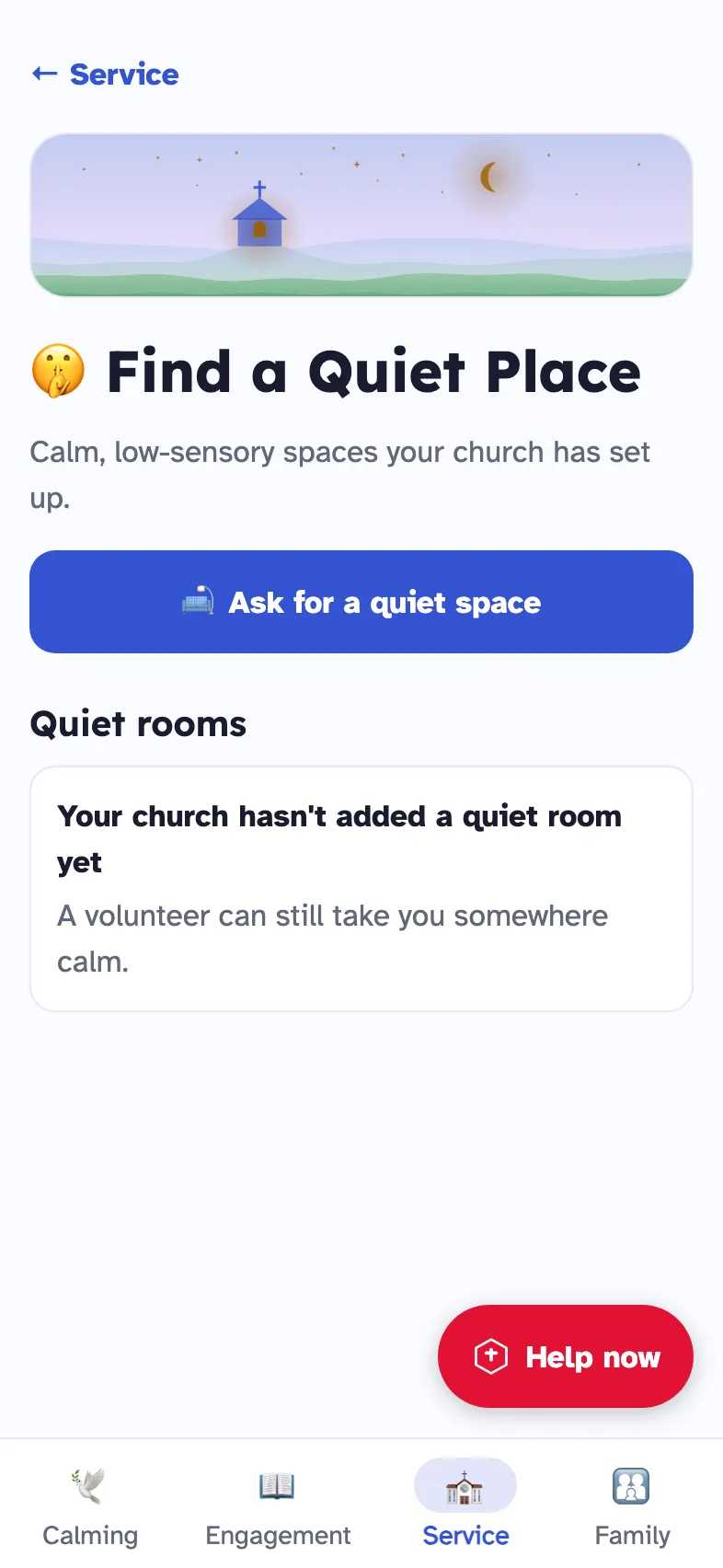 Find a Quiet Place with an Ask for a quiet space button and a list of quiet rooms.